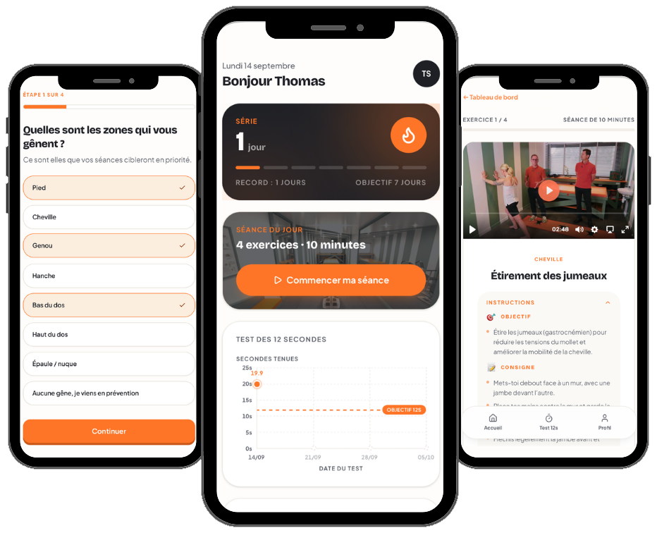Application PEPS avec questionnaire, séance du jour et exercices guidés